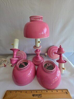 Vtg Mid Century Pink Enamel Table Lamp & Matching Wall Sconces Set of 3 Retro